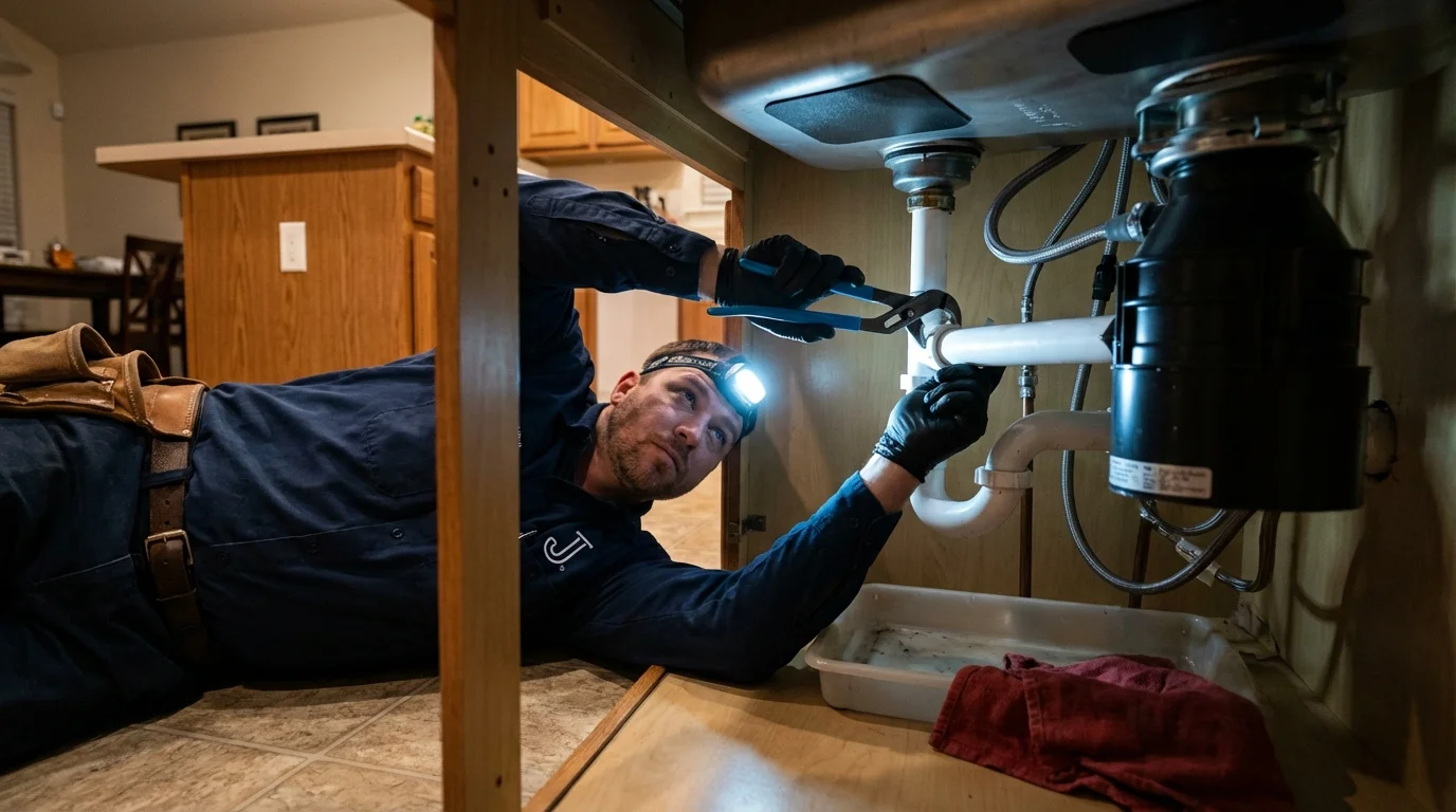 P-trap and supply line connections under a kitchen sink showing a common leak point in Saint Clair, MI